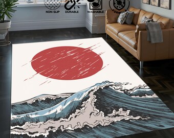 Japan Rug, Flag Rug, Japan Sea Rug, Floral Rug, Japan View Rug, Japanese Themed Rug, Home Rug,The Great Wave Rug, Japanese Decor, Modern rug