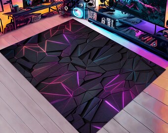 Geometrischer Teppich, Geschenk für Gamer, Neon-Gaming-Illusion, Spielzimmerteppich, Spielzimmerdekor, Videospielteppich, Spielzimmerteppich