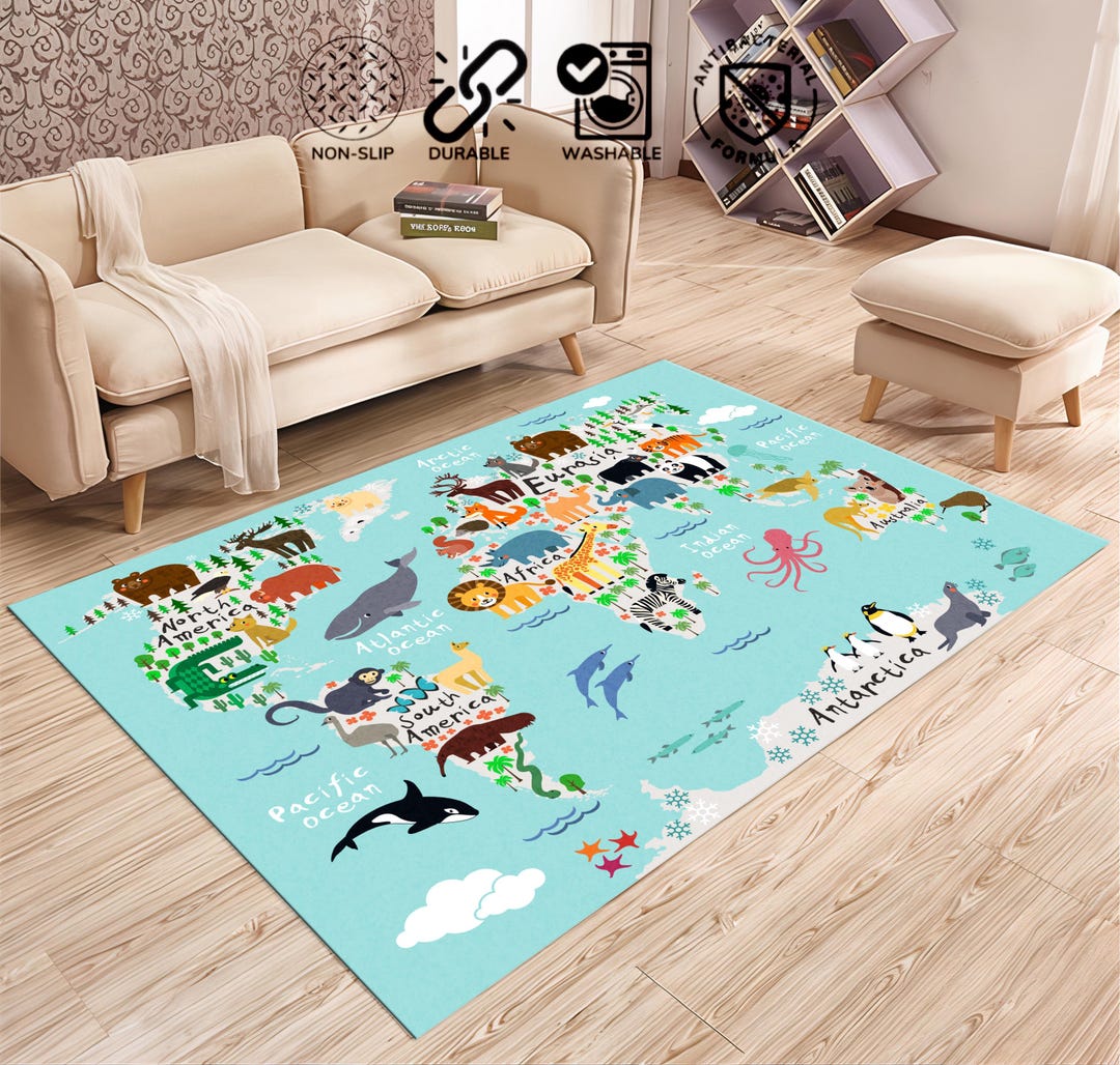 World Map Animal Kids Rug, Animal Learning Design Nursery Rug ...