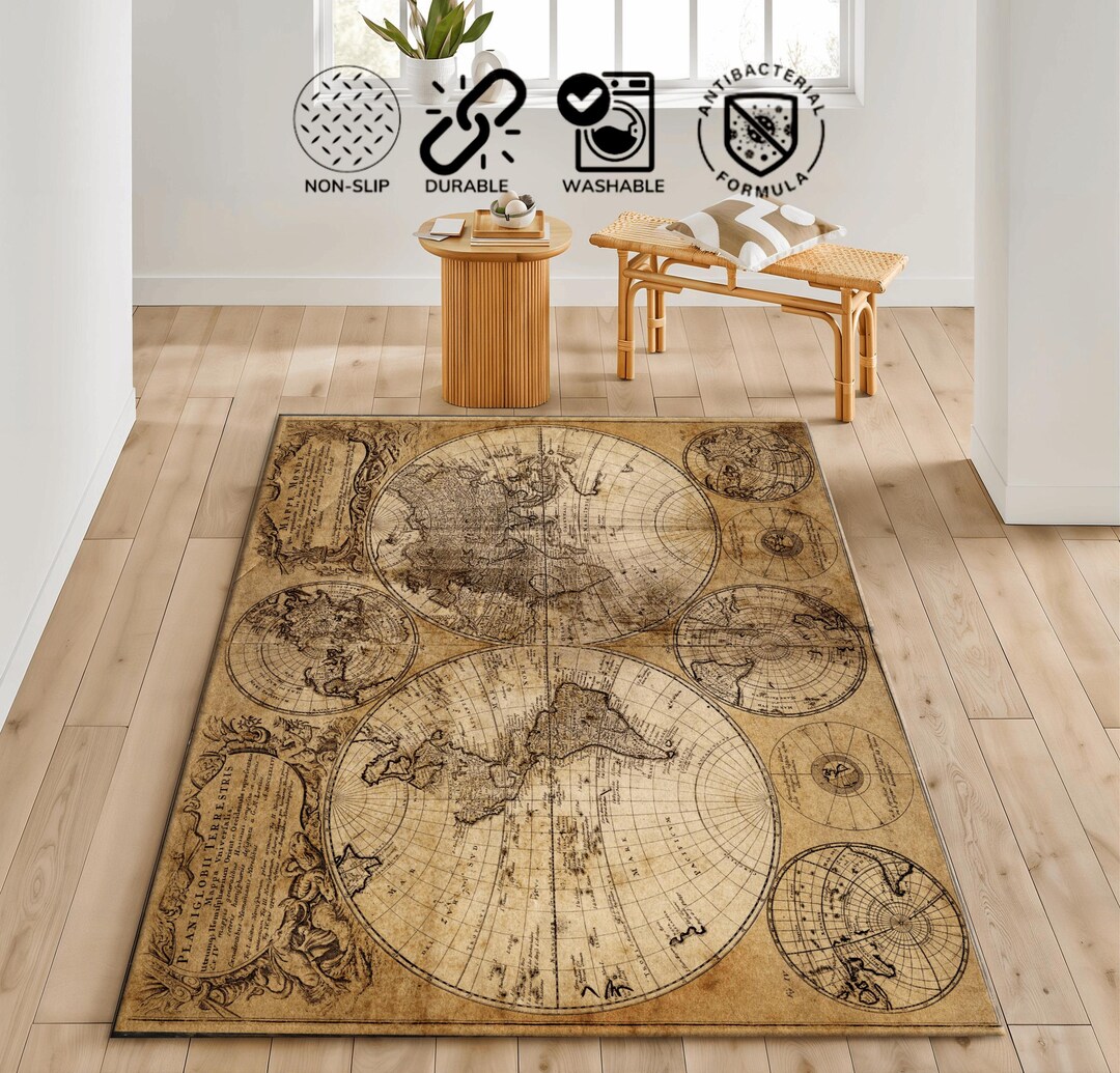 Vintage World Map Rug Antique Globe Design Rug, Map Rugs,thick Rug ...