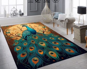 Peacock Rug, Peacock Decor Rug, Bird Area Rug, Nature Rug, Animal Area Rug, Decorative Rug,Large Rug, Luxury Rug,Blue Peacock Rug,Home decor