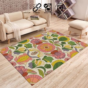 Tapis à fleurs roses, tapis imprimé, tapis sur le thème des fleurs, tapis à plantes, tapis floral sculpté tufté à la main, tapis rose ou rose verte, décoration d'intérieur moderne,