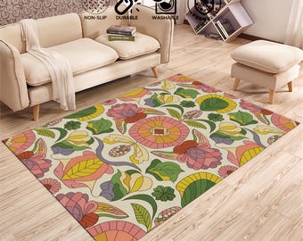 Alfombra de flores rosas, alfombra estampada, alfombra con temática floral, alfombra de plantas, alfombra con mechones florales tallados a mano, alfombra de rosas rosas o verdes, decoración moderna del hogar,