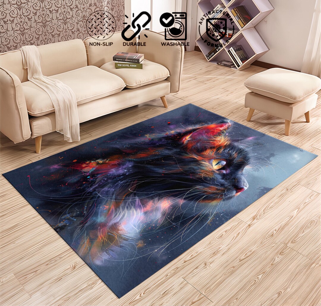 Scaring Cat Rug Colourful Cat Rug, Cat Area Rug, Blue Cat Rug, Hallowen Area Rug ...