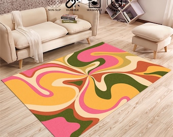 Kleurrijk retro tapijt, retro karpet, vloerkleed in retrostijl, groovy funky vloerkleed, psychedelisch groovy vloerkleed, kleurrijk retro wervelingskleed, golvend vloerkleed