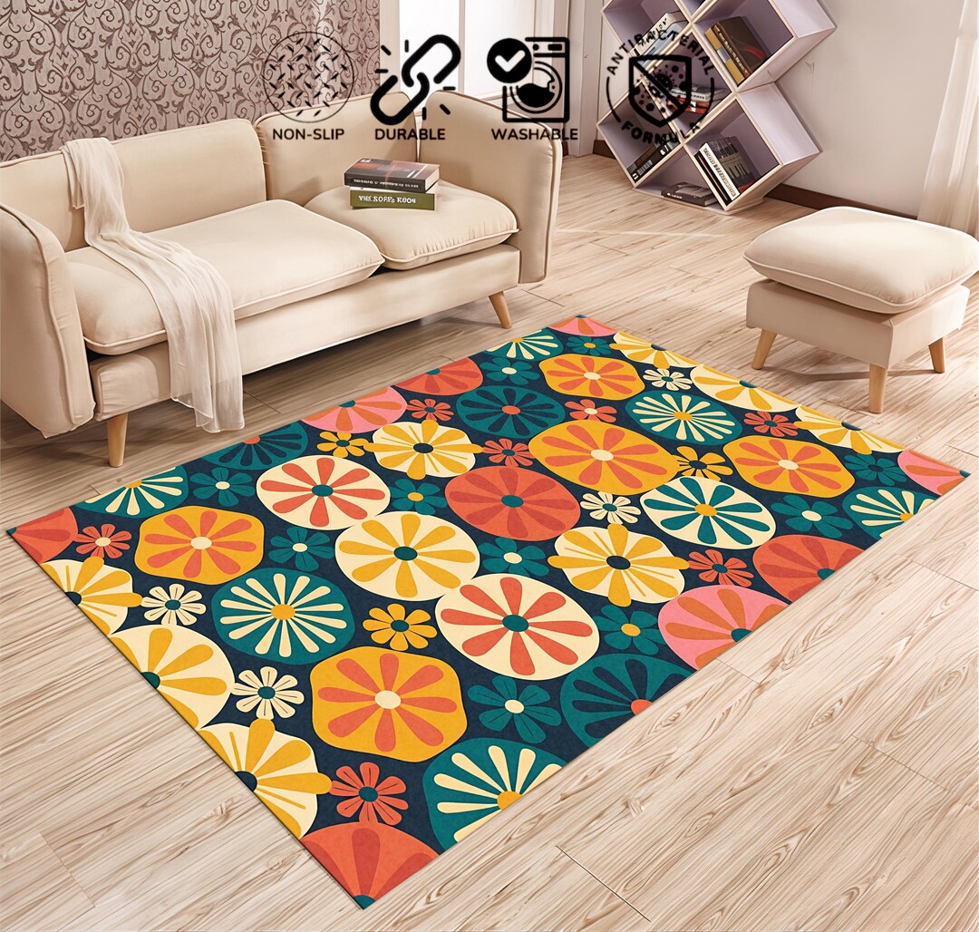Modern Whimsy Area Rug Mid-century Daisy Floral Area Rug, Modern Groovy Aesthetic, Psychedelic ...