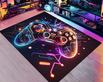 Neon-Gaming-Illusion-Teppich, Spielzimmerteppich, Geschenk für Gamer, Teppich im Neon-Look, Spielzimmerdekor, cooler Teppich, Game-Boy-Teppich, Game Controller, Teppich