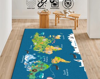May include: A rectangular blue rug with a world map design. The map features continents in green, yellow, and orange, with animal illustrations. The rug has the words "NON-SLIP", "DURABLE", and "WASHABLE" printed on it.