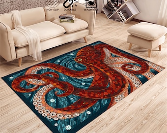 Oktopus-Teppich, Teppich mit Oktopus-Muster, Tierteppich, Tiermusterteppich, Tierdruckteppich, Küchenteppich, farbenfroher Wohnzimmerteppich mit Oktopus-Kunst