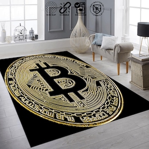 Bitcoin Rug, Modern Rug, Decorative Rug, Floor Patterned Rug Carpet,Gold and Black Bitcoin Rug,Bitcoin Trader Decor,Currency Rug,Popular rug