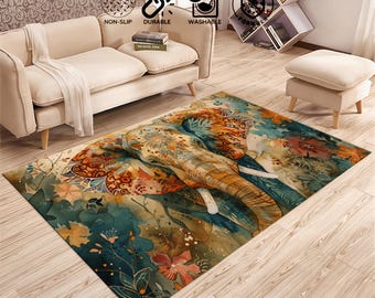 Colorful Elephant Rug, Animal Rug, Watercolor Animal Rug, Elephant design custom rug, Floral elephant rug, Modernn home decor, Popular rug