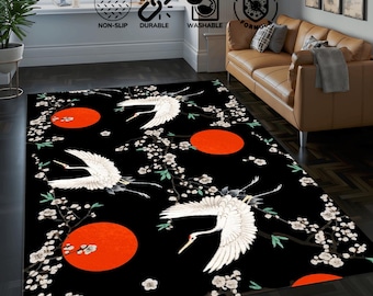 Orange And Black Rug, Personalized rug, Animal Rug, Designer Rug, Stork Pattern Carpet,Japanese Art Pattern, Japanese Illustrations,Area Rug