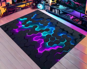 Spielzimmer Teppich, Geschenk für Gamer, Neon Teppich, Spielzimmer Dekor, Cooler Teppich, Game Boy Teppich, Game Controller, Teppich, Neon Gaming Illusion Teppich