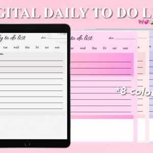 Könnte beinhalten: Eine digitale tägliche To-Do-Listenvorlage auf einem iPad mit weißem Hintergrund und schwarzen Linien. Die Vorlage enthält einen Bereich für Top-Prioritäten und einen Bereich für Notizen. Die Vorlage ist in acht verschiedenen Farben erhältlich.