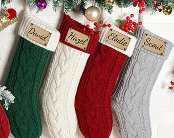Engraved Leather Patch Knit Christmas Stocking: Personalized Family Holiday Decor