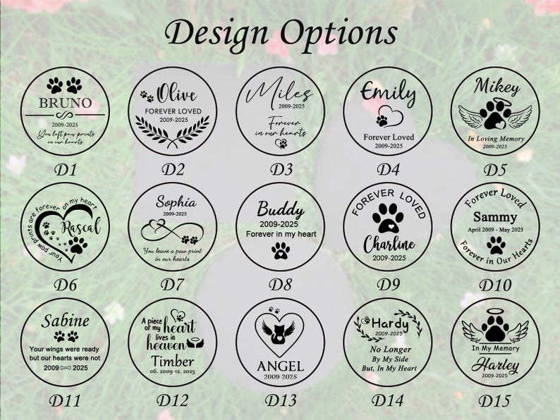 Puede incluir: Una colecci&oacute;n de dise&ntilde;os conmemorativos para mascotas, con colgantes circulares. Cada dise&ntilde;o incluye nombres, fechas, huellas de patas y alas de &aacute;ngel. El texto incluye frases como "Forever Loved" e "In Loving Memory".