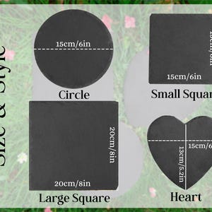 Puede incluir: Una exhibici&oacute;n de cuatro formas de pizarra negra: un c&iacute;rculo (15 cm), un cuadrado peque&ntilde;o (15 cm), un cuadrado grande (20 cm) y un coraz&oacute;n (13 cm). La imagen incluye el texto "Size & Style" y los nombres de las formas.