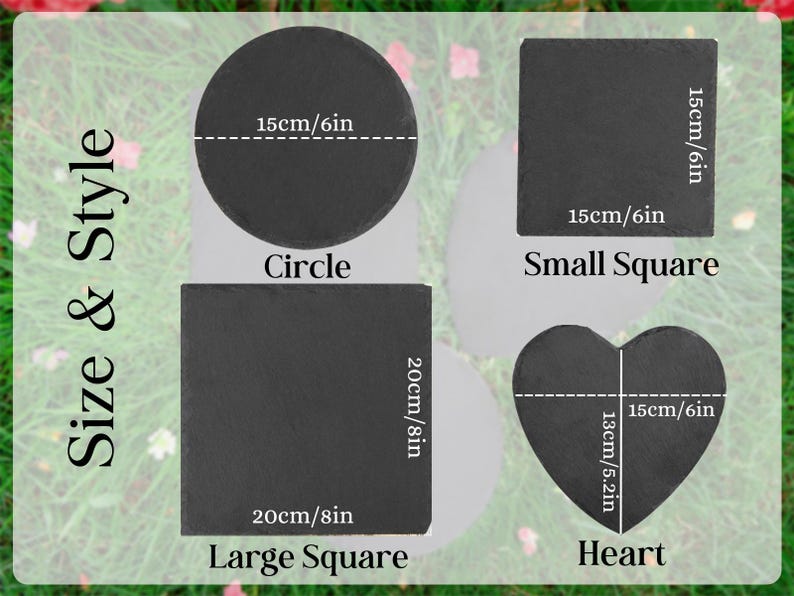 Puede incluir: Una exhibici&oacute;n de cuatro formas de pizarra negra: un c&iacute;rculo (15 cm), un cuadrado peque&ntilde;o (15 cm), un cuadrado grande (20 cm) y un coraz&oacute;n (13 cm). La imagen incluye el texto "Size & Style" y los nombres de las formas.