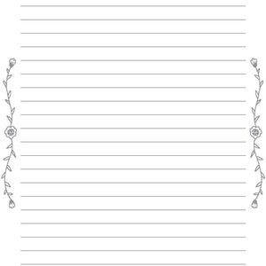 May include: Blank lined paper with a gray floral border on the left and right sides. The flowers are simple and stylized.