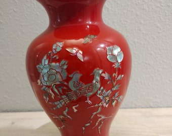 Vintage Korean Red Cloisonne Vase: Mother of Pearl Inlay, Brass Decor