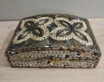 Vintage 1980&#39;s Beaded Bangle Box: Gold & Silver Artisan Jewelry