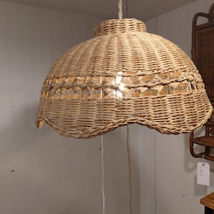 May include: A woven wicker pendant light fixture with a bell-shaped shade. The light fixture is suspended from a natural fiber cord. The shade has a scalloped edge and a decorative woven pattern near the top. The light bulb is visible through the woven design.