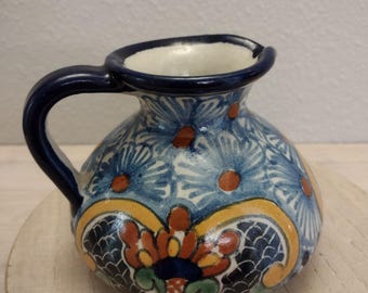 Hand Painted Talavera Pitcher: Blue Floral Mexican Folk Art