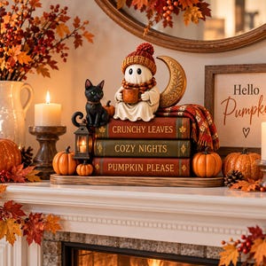 Puede incluir: Un conjunto de figuras decorativas que presenta un fantasma blanco con gorro y bufanda de punto rojo, sosteniendo una taza, sentado sobre una pila de tres libros titulados Crunchy Leaves, Cozy Nights y Pumpkin Please, junto a un gato negro y un farol.
