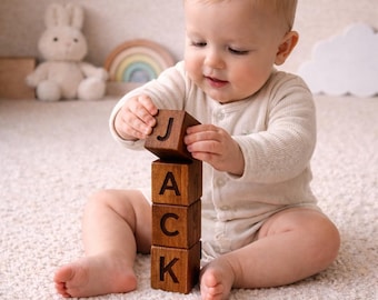 Personalized Baby Name Wooden Blocks, Custom Engraved Nursery Decor, Natural Oak Baby Gift, Newborn Keepsake Toy