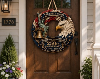 Cartello personalizzato con ghirlanda patriottica, decorazione per il 250° anniversario degli Stati Uniti, cartello personalizzato con nome di famiglia per la porta d'ingresso, decorazione americana per portico in legno.