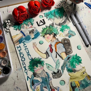 Izuku Midoriya original watercolor painting, MHA, handmade, art piece 9/12 it’s very delicious, for anime fans, gift