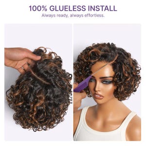 May include: A short, curly wig with black and brown highlights, featuring a side part and a lace front. The text 100% GLUELESS INSTALL Always ready, always effortless is displayed above the wig, which is shown on a mannequin head.