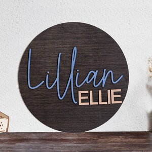Benutzerdefinierte Baby Namen Zeichen, personalisierte Holz Kinderzimmer Wanddekor, personalisierte runde Plakette, Holz Baby Zeichen, 3D Namen Zeichen