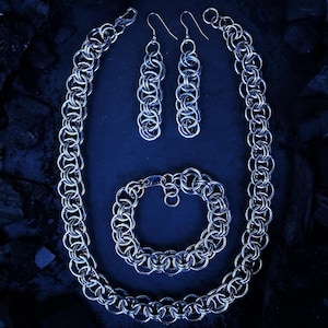 Gothic Stainless Steel Chainmail Jewelry Set: Handmade Necklace, Bracelet, Earrings
