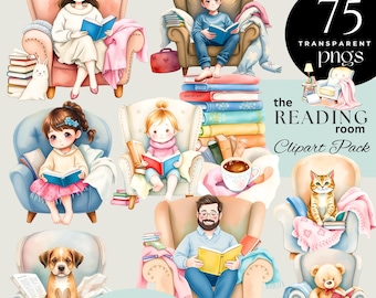 Reading Clipart Bundle, People Reading PNG, Cozy Chair Book Clipart, Book Lover Illustration, Spring Reading Room Art