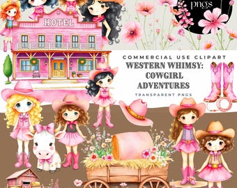 Clipart cow-girl baby shower, cow-girl rose, aquarelle Western Girl anniversaire clipart, rodéo party PNGs