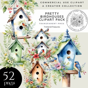 Mooie vogelhuisjes clipart pack-52 PNGs, transparante achtergronden, aquarel bloemen vogelhuisjes, 300 DPI