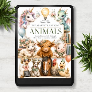 May include: A digital tablet displaying the cover of The AI Artist's Playbook: Animals by Tammie Gibbs. The cover features illustrations of a unicorn, dragon, lamb, highland cow, pig, duck, goat, horse, rooster, and duckling with floral accents.