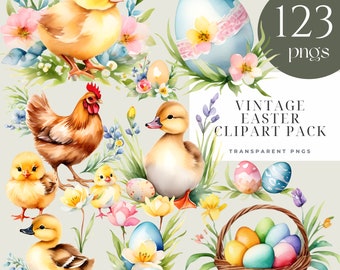 Watercolor Cute Easter Chick Clipart, Watercolor Easter Duckling Clipart, Vintage Easter Eggs, Vintage Easter Clipart, Easter Floral, png,