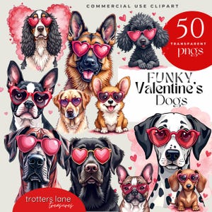 Funky Valentine Dogs Clipart | Dogs in Heart Sunglasses | Cute Puppy Graphics | Romantic Dog Art | Commercial Use PNGs