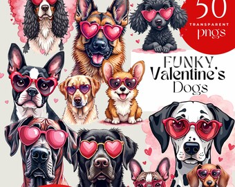 Funky Valentine Dogs Clipart | Dogs in Heart Sunglasses | Cute Puppy Graphics | Romantic Dog Art | Commercial Use PNGs