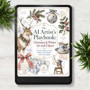 May include: A digital tablet displaying a book cover titled The AI Artist's Playbook: Christmas & Winter Art and Clipart. The cover features illustrations of a reindeer, a blue and white ornament, holly, a teacup, and a mouse on a ladder.