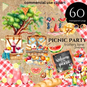 Clipart zomerpicknick – buitenvoedselmand, limonadekraam, mieren en feestgraphics, png