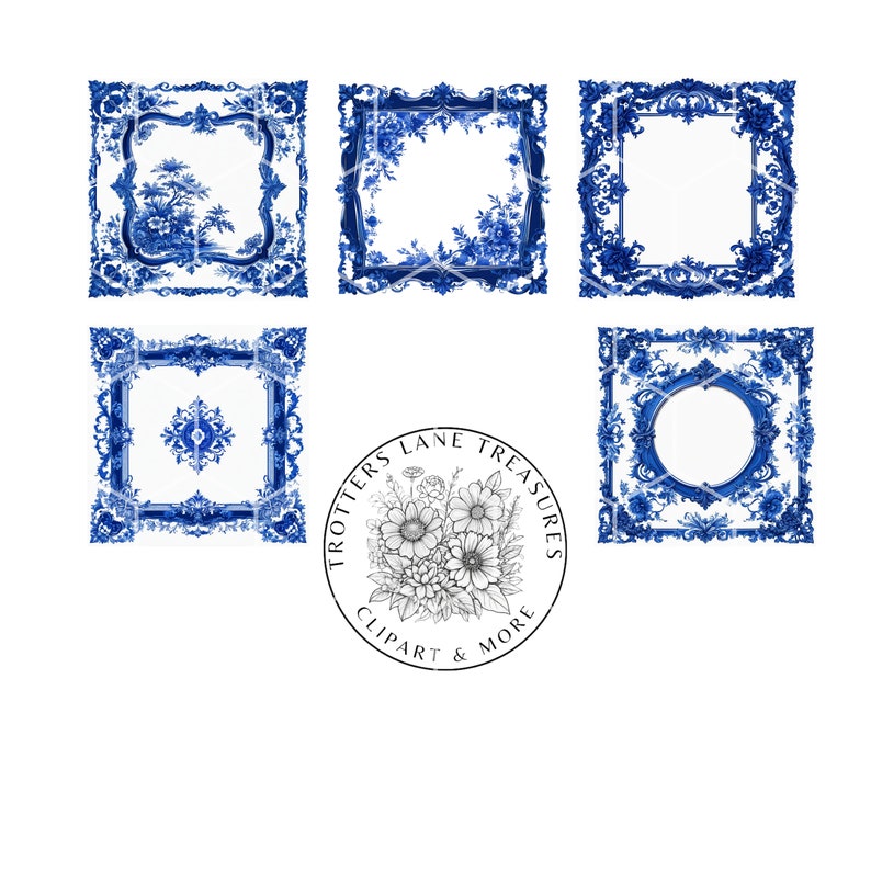 Toile Pattern Border Blue Toile Bunny Clipart Pack - Transparent Pngs, Floral Toile Borders ...