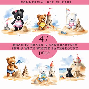 Beach Baby Bear Clipart, Teddy Bear Clipart Pack, Digital Clipart Beachy, Sunny Beach Clipart, Png, Summertime Watercolor Clipart, Nursery
