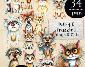 Lustiger Hund und Katze Clipart, schrullige Haustier PNGs, Cartoon-Tieraufkleber, wunderliche Hundkatzenillustrationen, Haustierliebhaber Clipart-Pack, kommerzielle Nutzung
