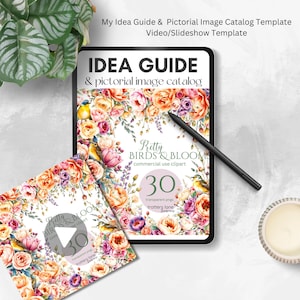 Puede incluir: Una tableta digital que muestra un diseño floral con pájaros y el texto "Pretty Birds & Bloom" y "30 transparent pngs". La tableta está sobre una superficie blanca con una planta y una vela.