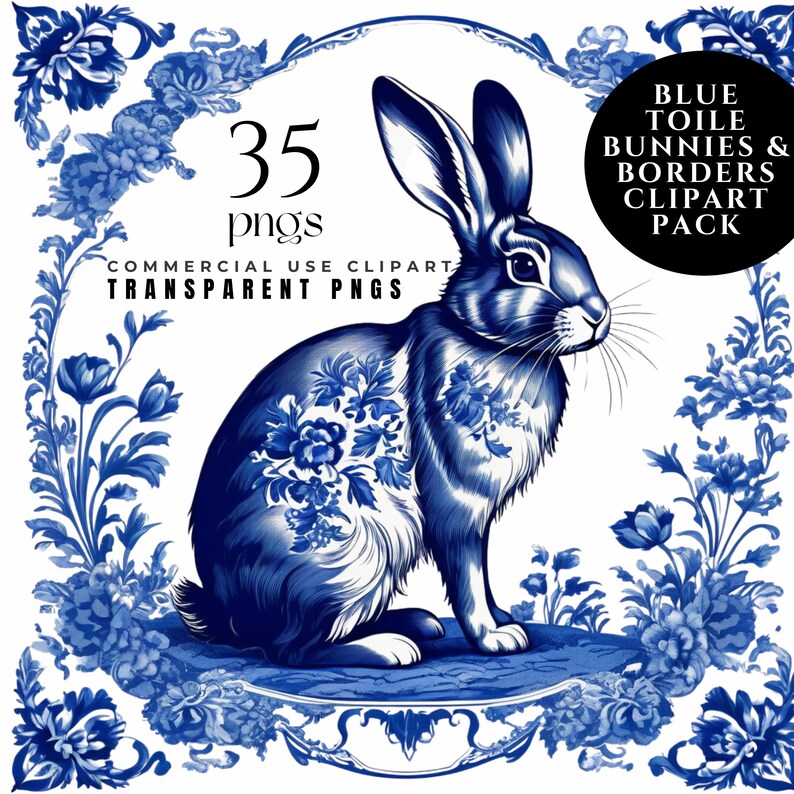 Toile Pattern Border Blue Toile Bunny Clipart Pack - Transparent Pngs, Floral Toile Borders ...