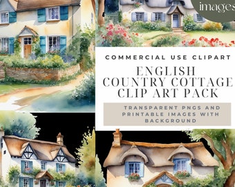 Country Cottage Clipart Bundle – Watercolor English Houses PNG, Digital Download for Junk Journals, Card Making, Paper Crafts