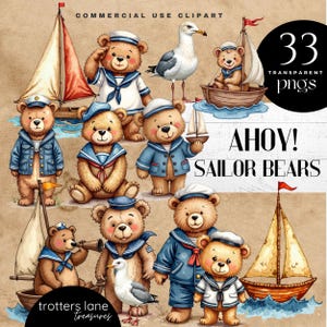 Sailor Bär Clipart, Nautische Teddybär Kunst, Babyparty-Einladung, Digitale Grafiken zum Thema Ozean